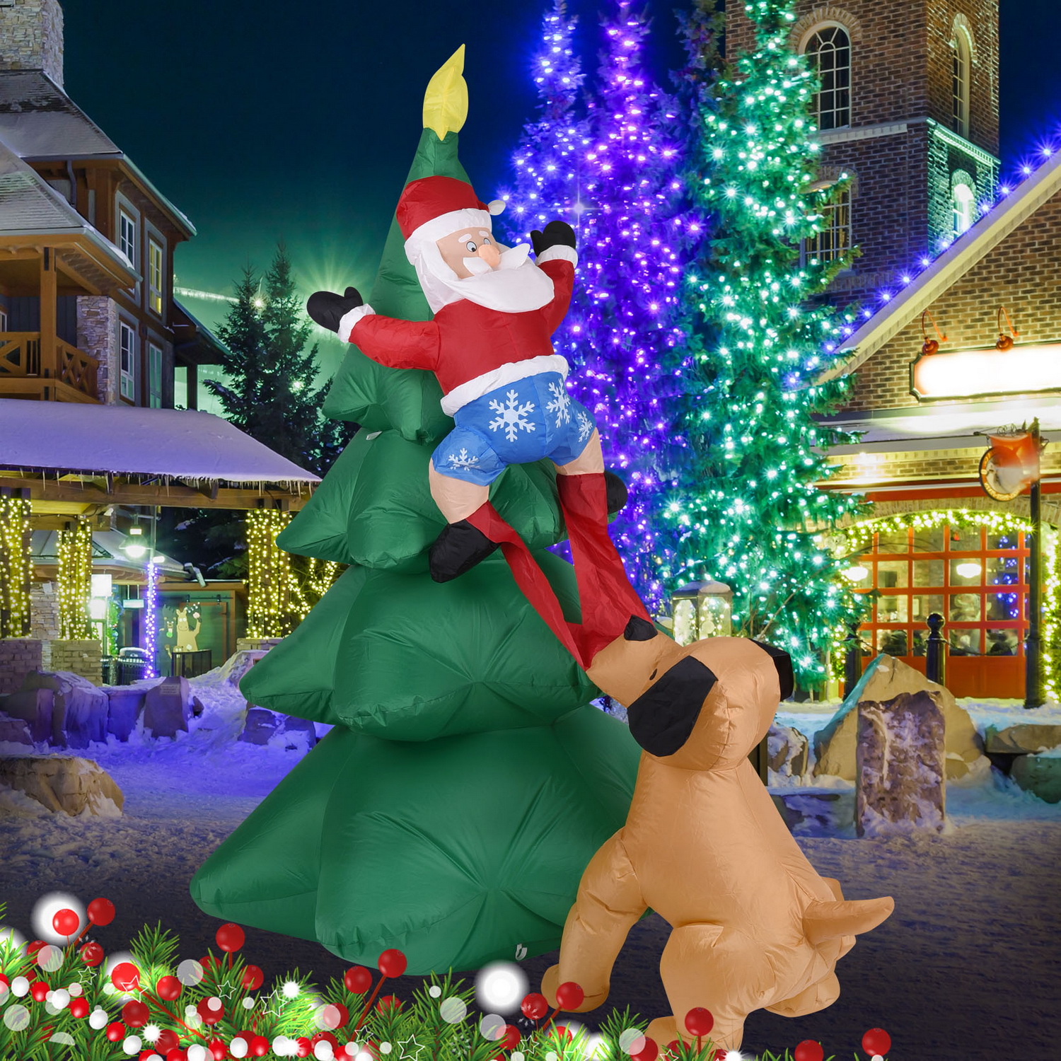 Home Decor Lighting Tree - Christmas Inflatable Dog w/Santa Claus Climbing